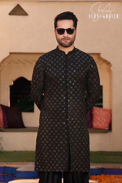 BLACK LUCKNOWI KURTA SET