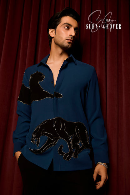 TEEL BLUE TIGER EMBROIDERED SHIRT