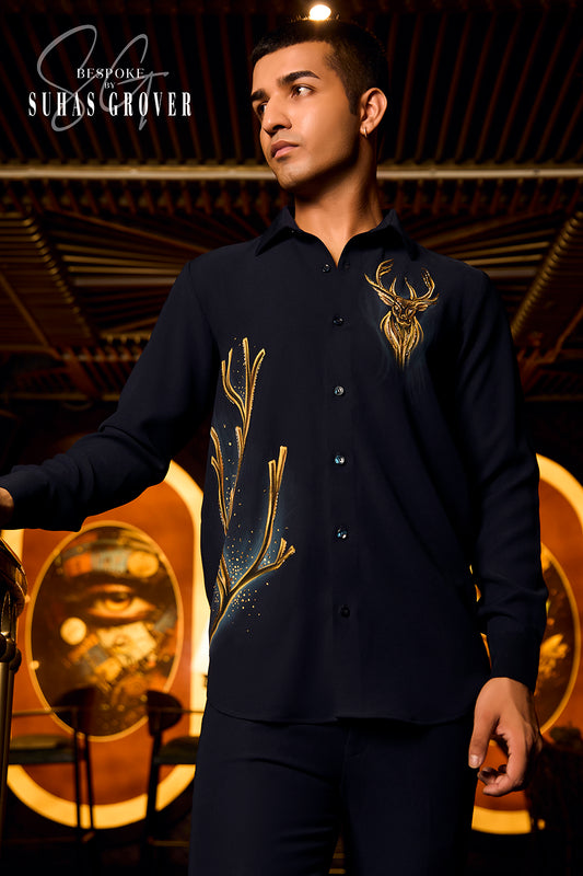 GOLDEN DEER HANDPAINTED BLUE SHIRT