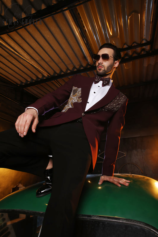 WINE TIGER EMBROIDED TUXEDO SET